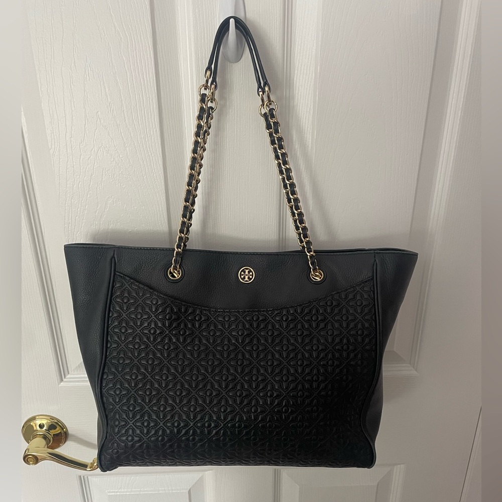 Tory Burch Embroidered Leather Work Tote Black w/ Golf Chain Strap